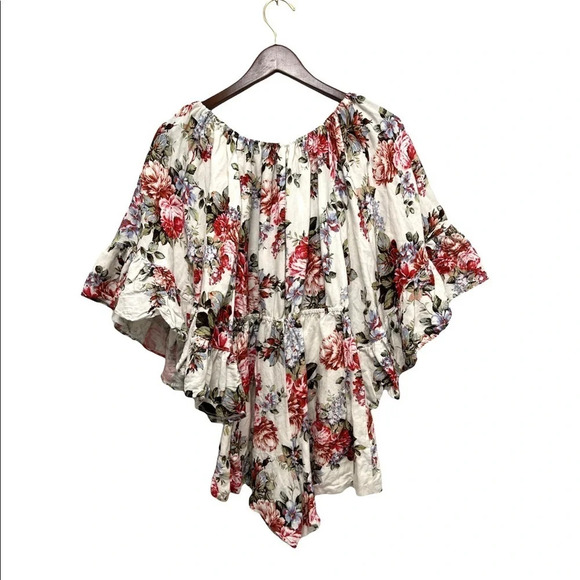 LPA Anthropologie Linen Off Shoulder Romper Floral Summer Rose Bouquet Size XS - Picture 5 of 11